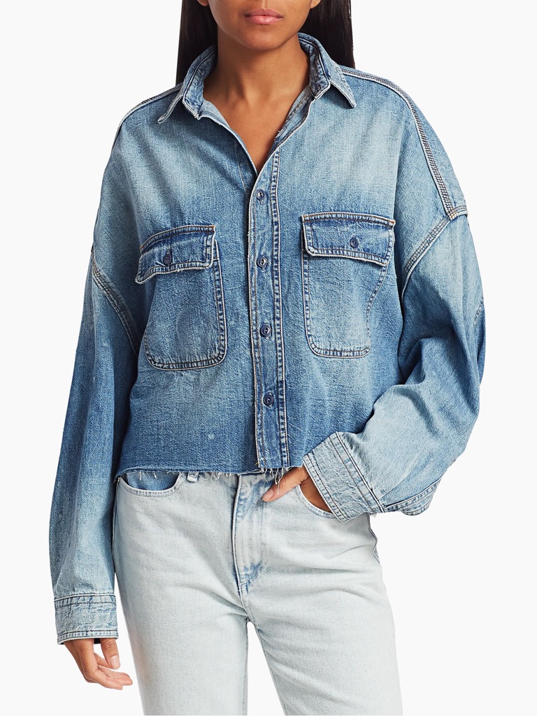 R13 Cropped Denim Shirt In Brindley Blue Wash Size Xs